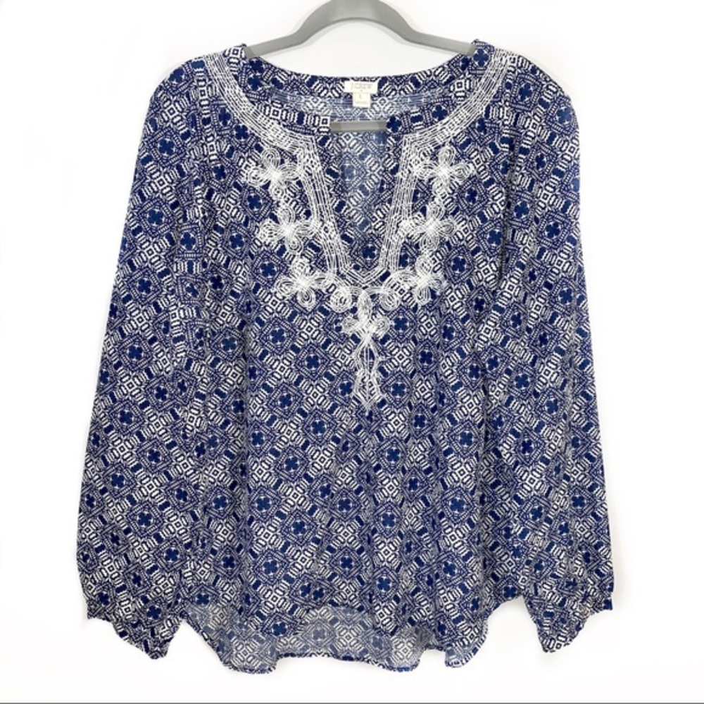 ⏰J Crew sz L blue & white BOHO long sleeve blouse
